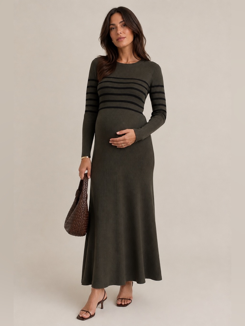 Hatch Marta Maternity Sweater Dress Green Striped Ribbed Maxi Size 3